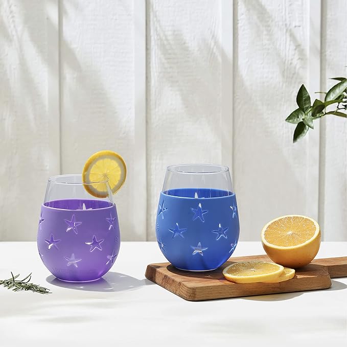 Hyperspace 20 OZ Stemless Wine Glass, Beverage Glass with Protective Silicone Sleeve (4COLOR ASST Star)