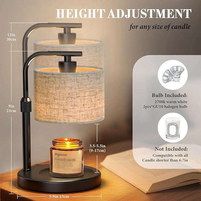 Candle Warmer Lamp with Timer Dimmer, Height Adjustable Black Electric Candle Warmer Wax Heater with 2 Bulbs, Birthday Gifts for Women Her, Mom, House Warming Gifts New Home