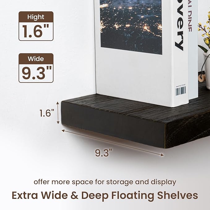 fuqing Floating Shelves for Wall - 48 Inch Natural Wood Shelves Set of 1-48W x 9.3D x 1.6H Wall Mounted Shelves with Upgraded Metal Brackets for Room Wall