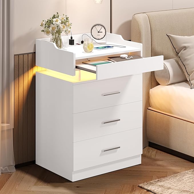 LED Nightstand Set of 2, Large Night Stand with Charging Station, Bedside Table with Pull-Out Shelf and 3 Drawers, Modern End Table Side Table with Storage, White