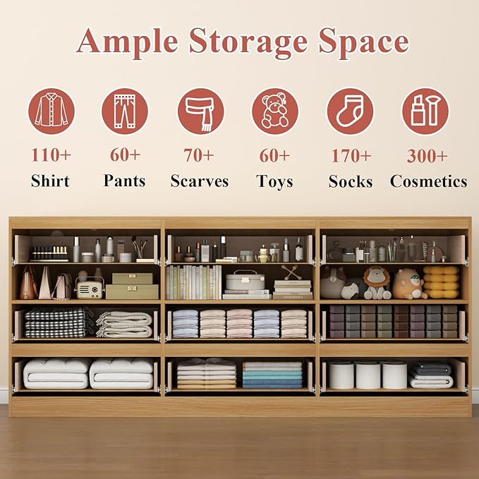 Loomie 9 Drawer Triple Dresser with Charging Station & Led Lights for Bedroom,Long 63" Dresser TV Stand for TVs up to 75",Wide Large Drawer Dressers Organizer with 3 Cubbies for Hallway, Light Wood