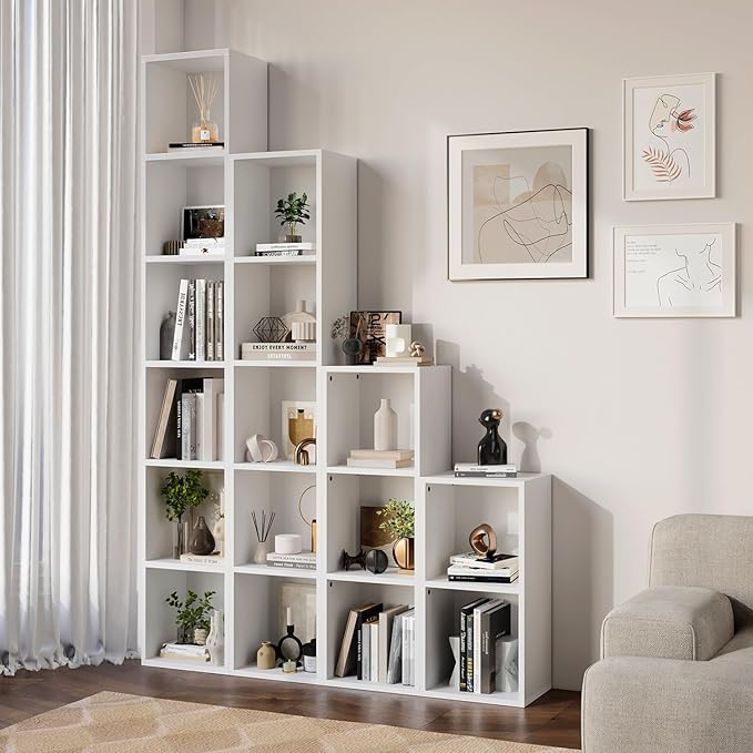 oneinmil 71.5" Tall Narrow Bookshelf, 6-Tier Cube Display Rack, Modern Corner Bookshelf with Storage Space, CD Storage Cabinet for Home Office (White 1 Pack, 6-Tier)