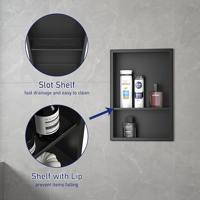Stainless Steel Shower Niche 18" X 12" Matte Black No Tile Needed Vertical Niche Shower with Two- Tier Shelves Recessed Wall Niches for Bathroom Storage Over Mount Installation