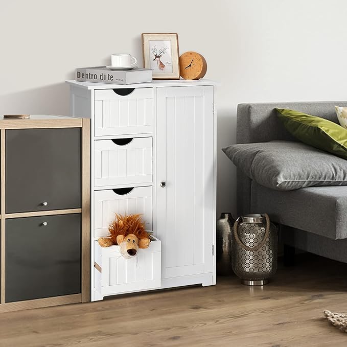 VINGLI White Bathroom Storage Cabinet with 4 Drawers 1 Cupboard Side Storage with Adjustable Shelf, Wood Bathroom Floor Cabinet with Drawers Also for Kitchen, Entryway, Bedroom, 22" Wx11.8 Dx32.3 H