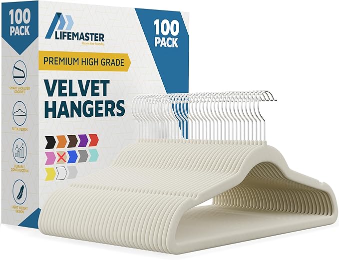 Velvet Non-Slip Hangers-100 Pieces Non-Slip Coat Hanger Set with 360° Swivel Hook,Space-Saving,Sleek Design,Keep Closet Organized,Smooth Velvet Finish,Lightweight Construction-Ivory