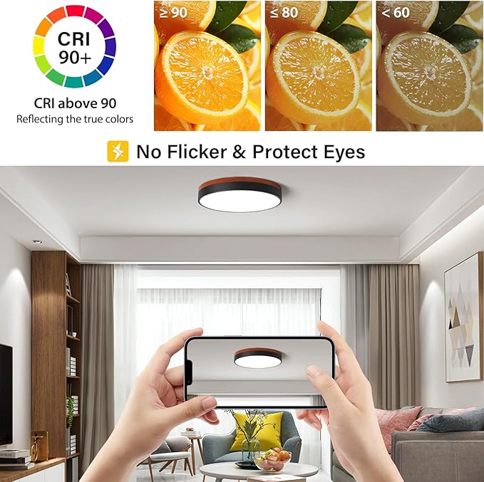 LED Dimmable Flush Mount Ceiling Light, Black and Wood, 5CCT in One, Minimalist Round Ceiling Lamp for Kitchen, Bedroom, Hallway, Living Room, 15.7 Inch