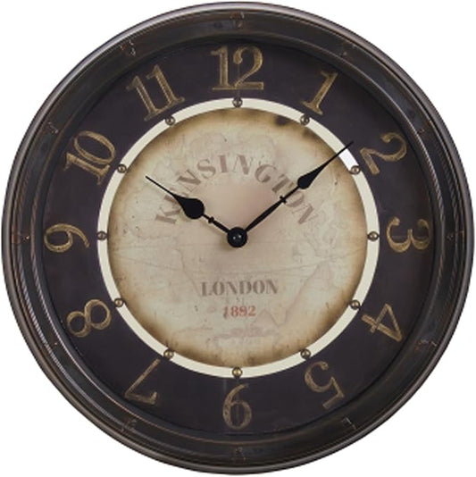 16 Inch Vintage Wall Clock, Silent Non-Ticking Quartz Battery Operated Decorative Clock for Home, Kitchen, Living Room, Dining Room, Office, Gold Brown Arabic Number