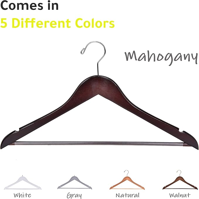 Quality Wooden Hangers - Slightly Curved Hanger Set in 10-Pack - Solid Wood Coat Hangers with Stylish Chrome Hooks - Heavy-Duty Clothes, Jacket, Shirt, Pants, Suit Hangers (Mahogany, 10)