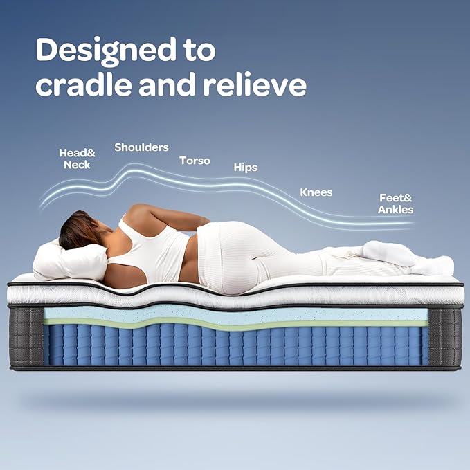 OhGeni 14 Inch Cooling Queen Size Mattress, Hybrid Gel-Infused Memory Foam Bed Mattresses in a Box, Medium Feel Cool Top Fabric, Individual Pocket Innerspring, 3-Zone Design & Reinforced Edge Support