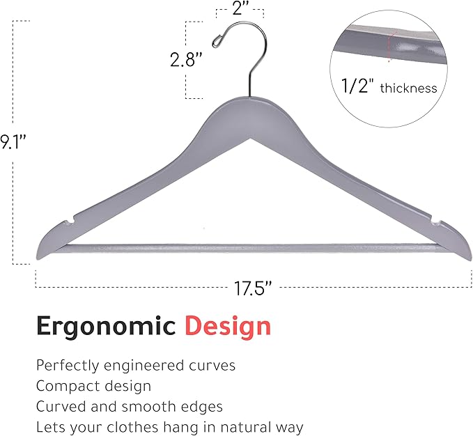 Quality Wooden Hangers - Slightly Curved Hanger Set of 80-Pack - Solid Wood Coat Hangers with Stylish Chrome Hooks - Heavy-Duty Clothes, Jacket, Shirt, Pants, Suit Hangers (Gray, 80)