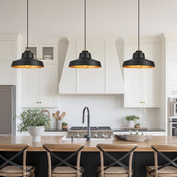 12 Inch Black Pendant Light Fixture,Farmhouse Hanging Lamp Adjustable Height Dome Pendant Lights for Kitchen Island Dining Room,1 Pack