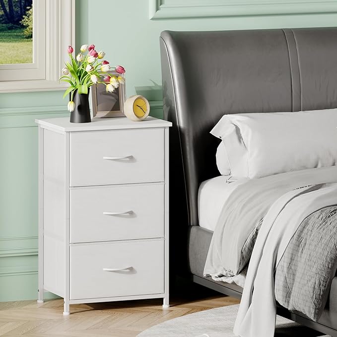 Somdot Small Dresser for Bedroom with 3 Drawers, Nightstand Storage Chest of Drawers with Removable Fabric Bins for Closet Bedside Living Room Laundry Entryway Hallway, White Leather