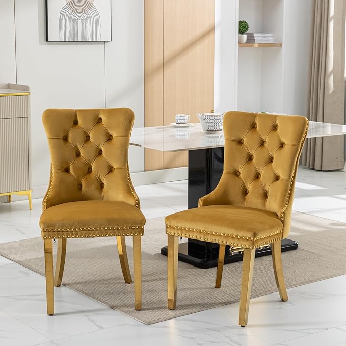Goujxcy 5 Piece Round Glass Dining Table Set for 4, 47" Round Dining Table & Chair Set Modern Circle Glass Kitchen Table and 4 Velvet Upholstered Chairs for Kitchen Dining (Gold Table & Gold Chair)