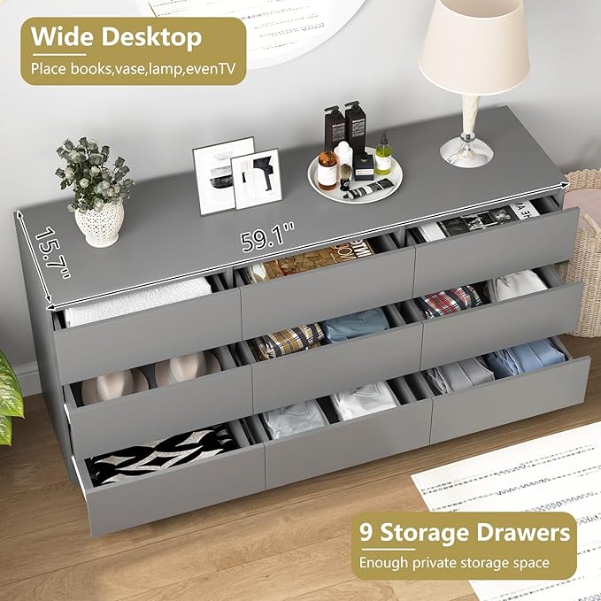Grey Dresser for Bedroom,Modern Large 9 Drawer Dresser with Deep Drawer,Wide Storage Chest of Drawer,Wood Bedroom Storage Organizer Furniture,TV Stand for Living Room