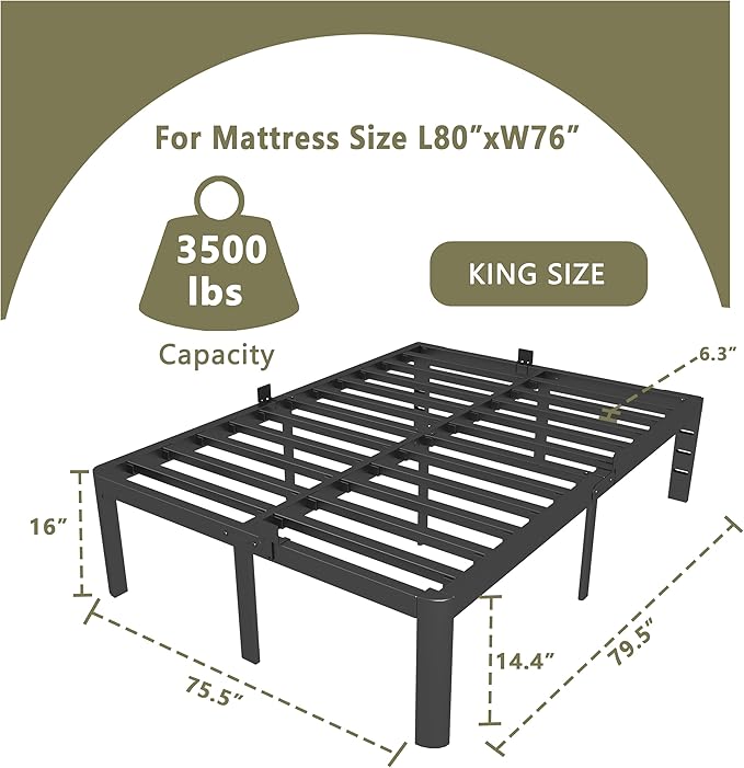 ITIMIDI 16 Inch Bed Frame King Size, Safety Design with Rounded Corner Legs and DIY Headboard, King Size Platform with Storage Space, Heavy Duty Foundation, Noise Free, No Box Spring Needed, Black