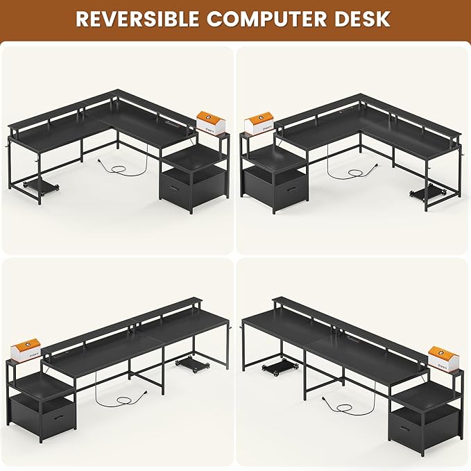 SEDETA L Shaped Gaming Desk, 66" Home Office Desk with File Drawer & Power Outlet, Corner Gaming Computer Desk with Led Lights, Monitor Shelf and Printer Storage Shelves, Two Person Desk, Black
