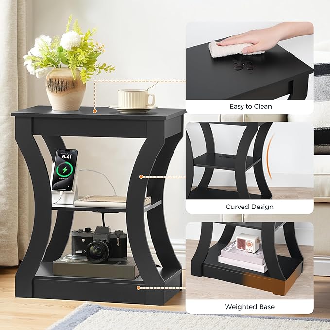 End Table with Charging Station, Side Table with USB Ports and Outlets, 3 Tier Nightstand with Storage Shelf for Small Spaces, Living Room, Bedroom, Black ETBK53E01