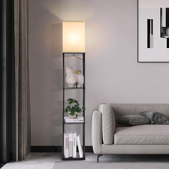 Floor Lamp with Shelves, Modern Square Standing Lamp with 3-Color Remote Control Dimming Bulb, Corner Display Bookshelf Lamp for Living Room, Bedroom and Office (black-9YK)