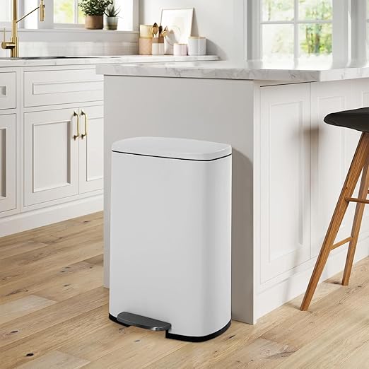 BestOffice 13 Gallon (50L) Trash Can with Lid Garbage Can Commercial Trash Can with Soft-Close Foot Pedal Fingerprint Proof Stainless Steel Trash Can for Kitchen Home Office Bedroom Bathroom, White