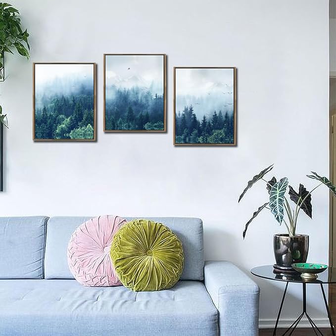 Arjun Forest Wall Art Misty Tree Indigo Blue Landscape Canvas Painting Mountain Pine Tree Nature Birds Pictures Scenery Framed for Living Room Bedroom Bathroom Home Office Wall Decor, 12"x16"x3 Panels