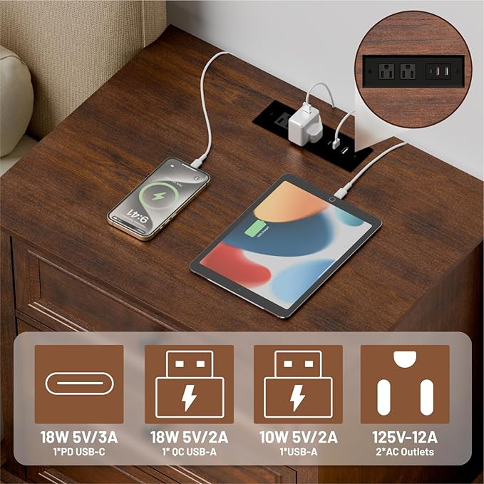 Nightstand with Charging Station Set, 24” Wide End Table with 3 Drawers Set of 2, Modern Bedside Table with Storage, Wood Small Dresser for Bedroom Living Room. (Cherry)