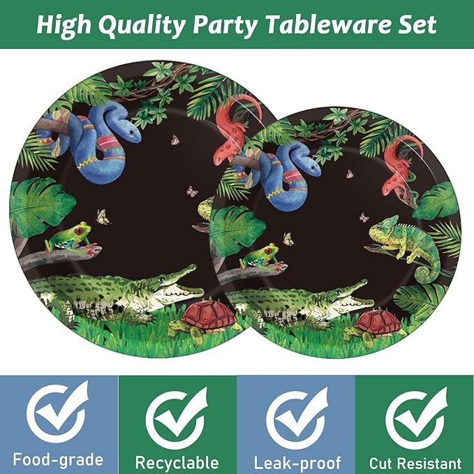 96 Pcs Reptile Snake Party Plates Napkins Tableware Set Lizard Birthday Party Supplies Disposable Paper Dinnerware Jungle Alligator Wildlife Theme Table Decoration Favors for Kids Birthday, 24 Guests