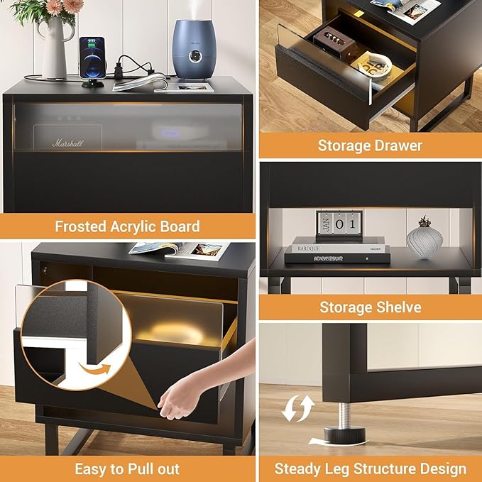 Black Nightstand with LED Lighting & Outlet & Drawer Light Modern Bedside Table with Charging Station, Drawer and Shelf for Bedroom Dorm Room Decor 18.89x15.74x21.25