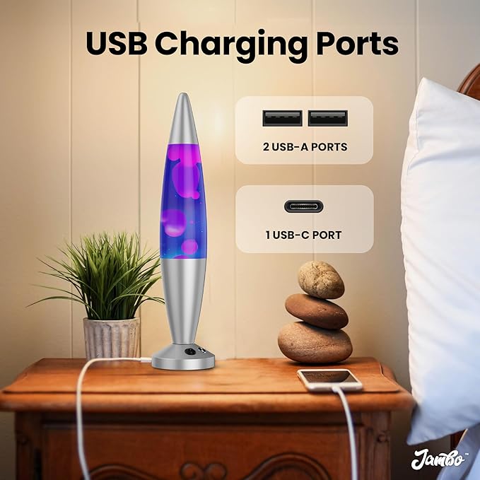 JAMBO Upgraded Motion Lamp – 16" Blue Liquid, Purple Wax – USB Ports, Timer – Night Light for Adults, Teens, Kids – Bedroom, Living Room, Office Décor Lamp