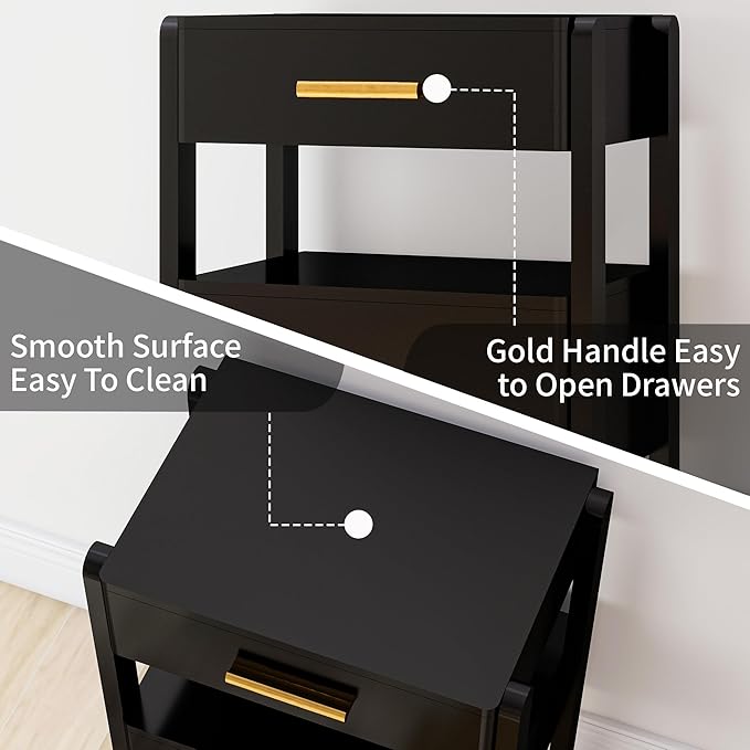 Nightstand with 2 Drawers and Open Shelf Wood Bedside Table Gold Handles Storage Night Stand with Light for Bedroom, Black