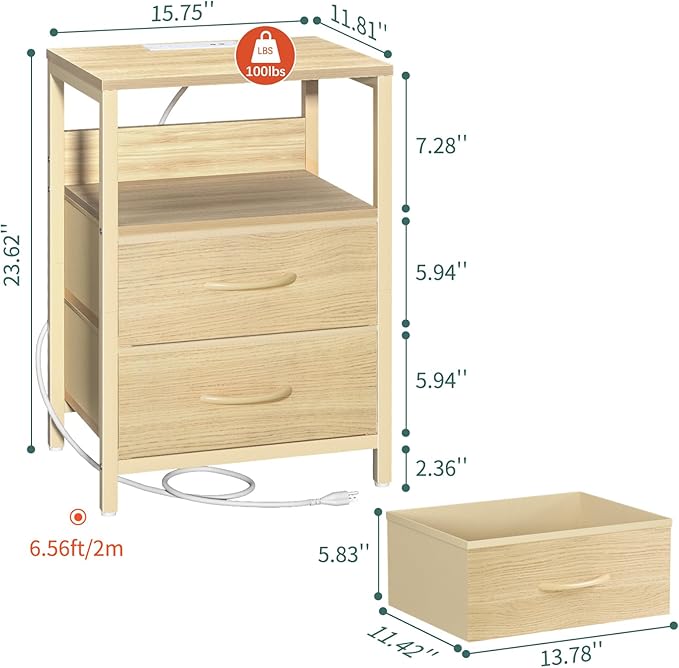 Yoobure Nightstand with Charging Station, LED Night Stand with Fabric Drawers and Storage Shelf for Bedroom, Nightstands Bedside Tables with USB Ports & Outlets, Small Night Stands, Bed Side Table