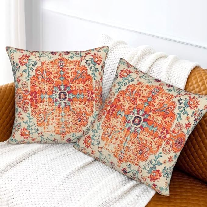 Boho Throw Pillow Covers 20 x 20 Set of 2, Orange Blue Carpet Pattern Pillow Covers Ethnic Design Rustic Farmhouse Cushion Cases Linen Decorative Gifts for Couch Sofa Indoor Outdoor