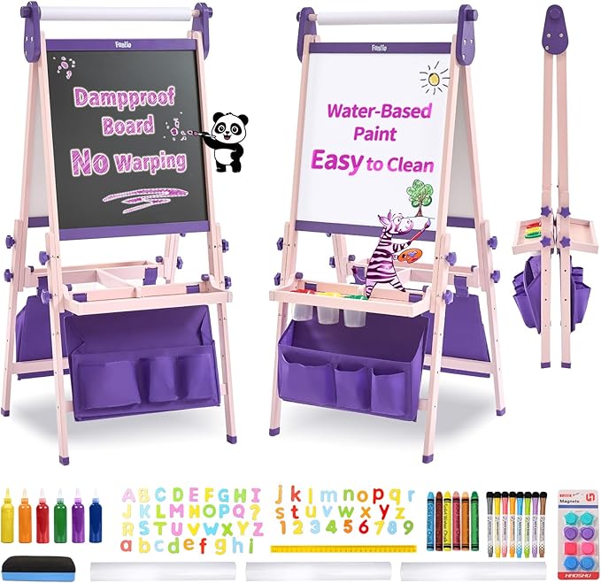 FUNLIO Foldable Anti-Warping Kids Art Easel, All-in-One for Kids Aged 3-8 with Paper Roll, 3 Height Adjustable Toddler Easel, Standing Easel with Magnetic Chalkboard/Whiteboard - Purple Foldable