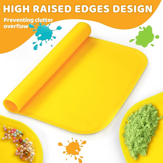 Silicone Craft Mats for Kids 24"x16"– with Raised Lip & Non-Slip | Reusable Silicone Art Mat for Play Sand, Painting, DIY Crafts | Durable Design (Yellow)