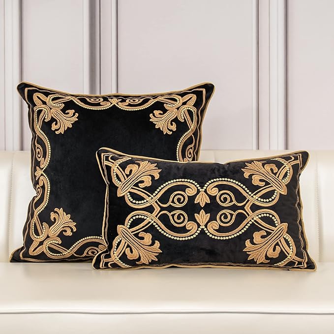 Aeckself European Floral Pillow Cover 20x20 Inch, Luxury Velvet Embroidered Decorative Throw Pillow Cover for Couch Bedroom Living Room, Black and Gold