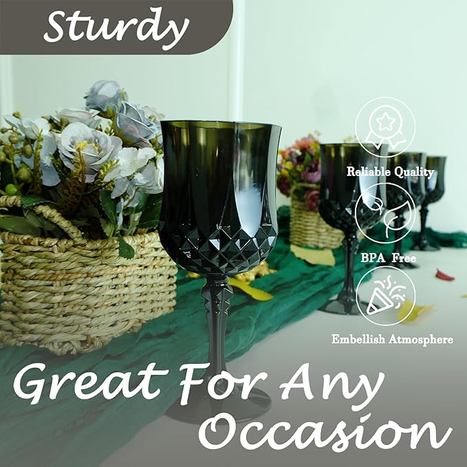 Plastic Wine Glasses，Plastic Goblets Vintage Style Cordial Drinking Glasses for Wedding Reception, Grand Event Party Supplies (24, Black)