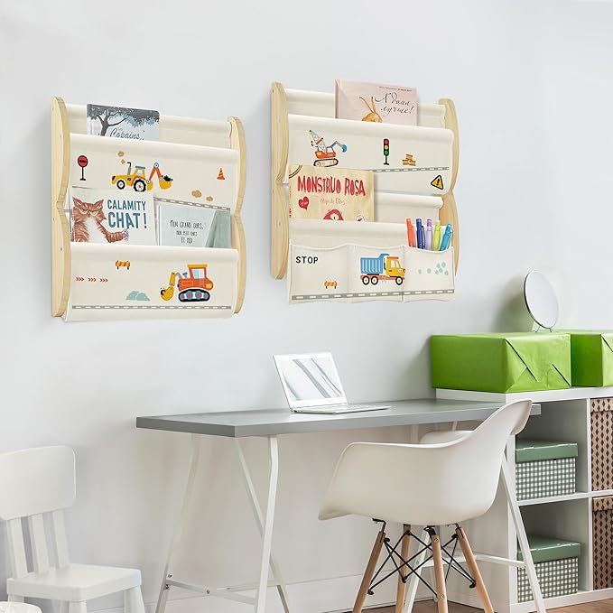 Wooden Wall Mounted Bookshelf for Kids Rooms, 4 Tier Floating Nursery Book Shelf, Kids Bookshelf with 2 Pockets, Toddler Sling Book Rack with Deep Sleeves (Excavator)