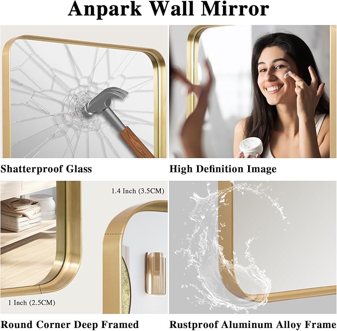 Rectangle Mirror Full Length 24" x 71" Large Floor Mirror Gold Metal Deep Frame Wall Mounted Hanging Mirror for Home Decor Leaning Wall Full Body Dressing Mirror for Closet Bedroom