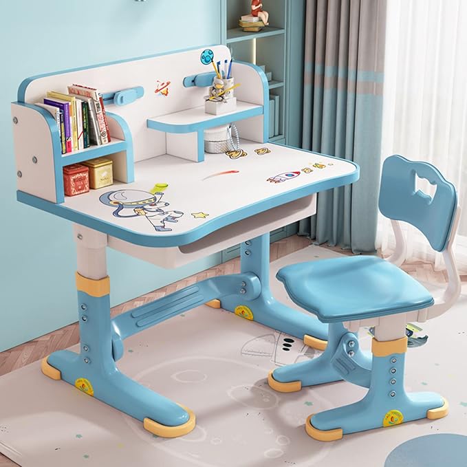 Kids Desk and Chair Set, Height Adjustable Desk with Storage Drawers and Bookshelf, Ergonomic Curved Desktop Reading Writing Table (Blue)
