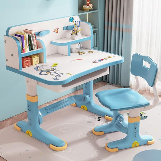 Kids Desk and Chair Set, Height Adjustable Desk with Storage Drawers and Bookshelf, Ergonomic Curved Desktop Reading Writing Table (Blue)