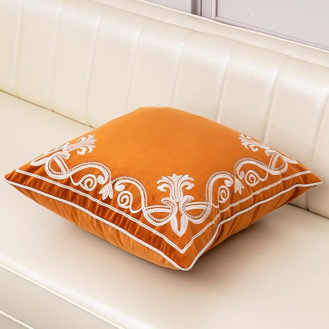 Aeckself European Floral Pillow Cover 16x16 Inch, Luxury Velvet Embroidered Decorative Throw Pillow Cover for Couch Bedroom Living Room, Burnt Orange and White
