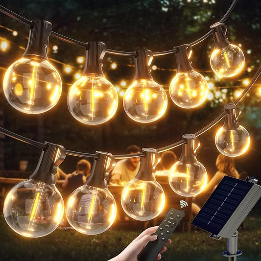 G40 Solar String Lights Outdoor with Remote 30 FT, USB & Solar Dual Charging, Waterproof, 8 Modes 3 Timers, 10+1 LED Shatterproof Bulbs, Dimmable Solar Light for Camping Backyard Bistro Porch Garden