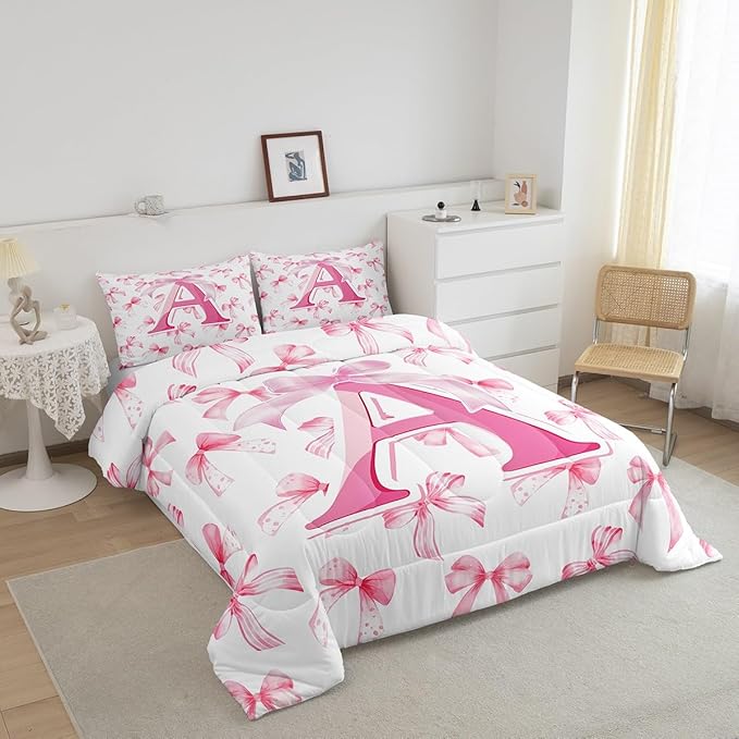 jejeloiu Kids Girls Cute Pink Bow Comforter Set Toddler Size Monogrammed Bedding Set Ultra Soft Personalized Initial A Duvet Quilt Coquette Bow Knot Quilt Set Room Decor Modern Fashion Comforter
