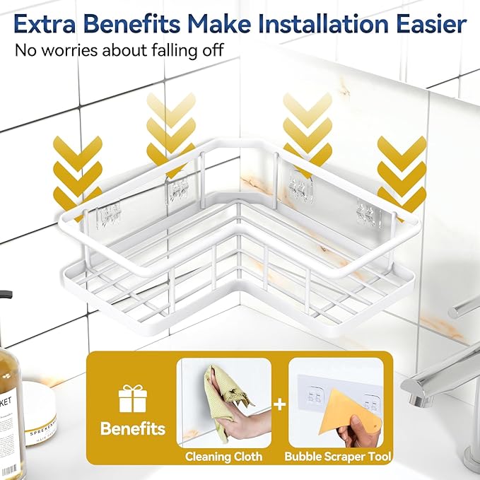 YASONIC Corner Shower Caddy Organizer, 3-Pack Self-Adhesive Rustproof Bath Shelves with Soap Holder & 4 Hooks, Large Capacity Shower Storage Rack for Bathroom Organization, White
