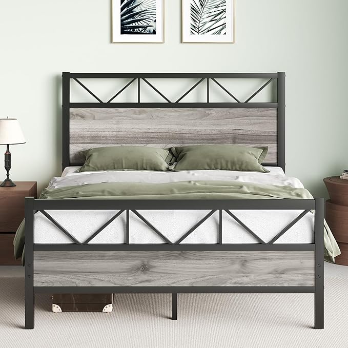 Full Size Bed Frame, 51.2" Tall Industrial Headboard, Full Platform Bed Frame with Strong Steel Slats Support, Noise Free, No Box Spring Needed, Easy Assembly, Wash Grey