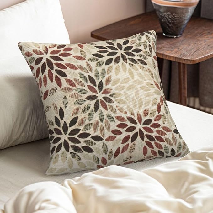 Burgundy Red Brown Pillow Covers 22x22 Inch Set of 2 Summer Rust Geometric Flower Outdoor Decorative Throw Pillows Farmhouse Dahlia Pillow Case Linen Square Cushion Cover for Home Sofa Bedroom