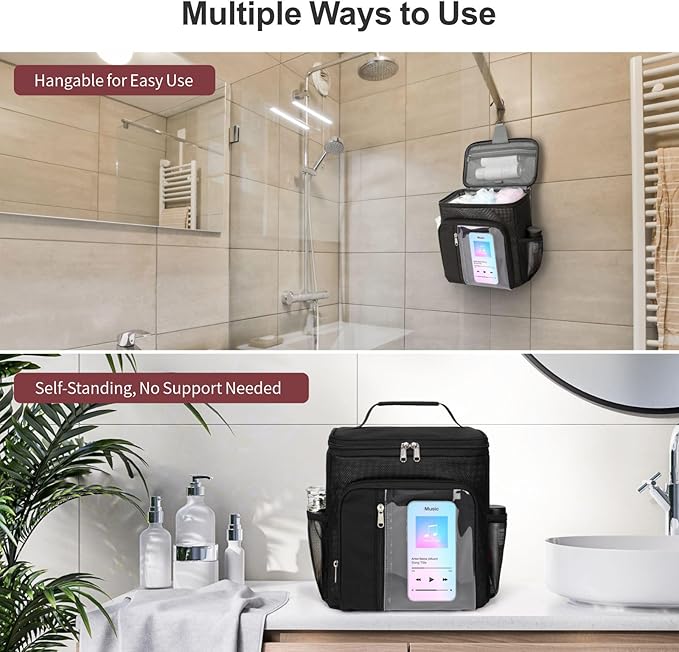 F-color Hanging Shower Caddy Portable - College Dorm Essentials for Guys with Hooks, Quick-Dry Shower Bag for Dorm Travel Gym Camping Essentials, Water-Resistant with Multiple Pockets, 2 Packs Black