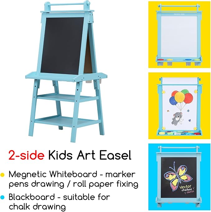 MEEDEN Art Kids Wooden Easel: Double-Sided Solid Pine Wood Art Easel with Paper Roll - Kids Art Easel with Chalkboard & Magnetic Whiteboard for Boy & Girls Gift - Blue