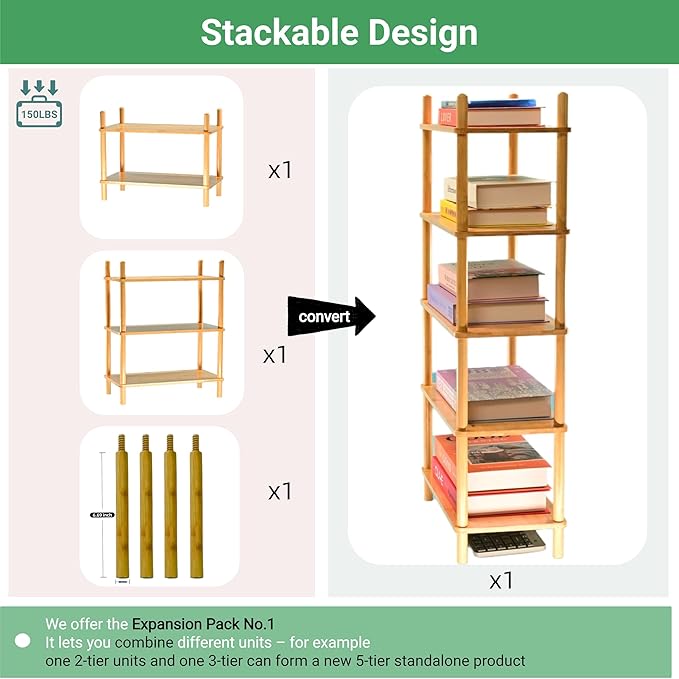 Bamboo Rack | Tool-Free Expandable (2-6 Tiers) | Kitchen Spice Organizer & Office Breakroom Snack/Cup Storage (Natural Bamboo)(Powered by Gogogo) (Natural, 15.6" W(2 Tier))