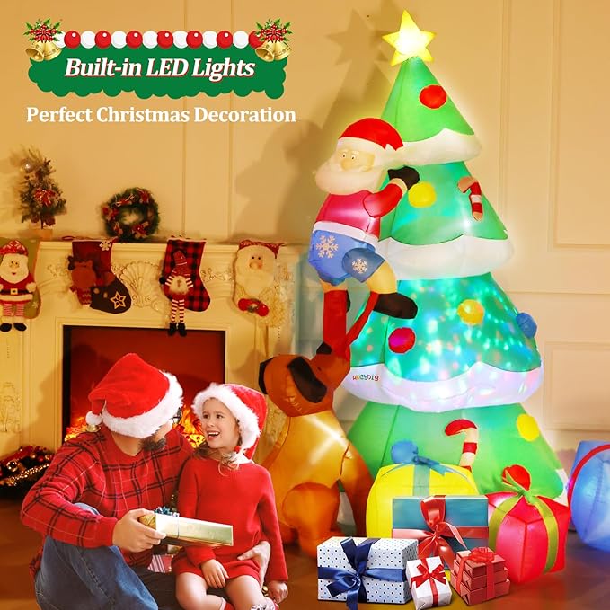 7.5FT Christmas Inflatable Outdoor Decoration Christmas Tree Christmas Dog Santa with 3 Gift Boxes Build-in Colorful LED Lights, Blow up Christmas Tree Decorations for Holiday Xmas Yard Patio Lawn