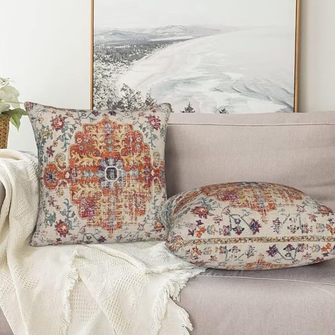 Blue Burnt Orange Boho Throw Pillow Covers 16x16 Set of 2, Farmhouse Carpet Ethnic Decorative Pillow Covers Bohemian Rustic Cushion Cases Linen Gifts for Couch Sofa Indoor Outdoor